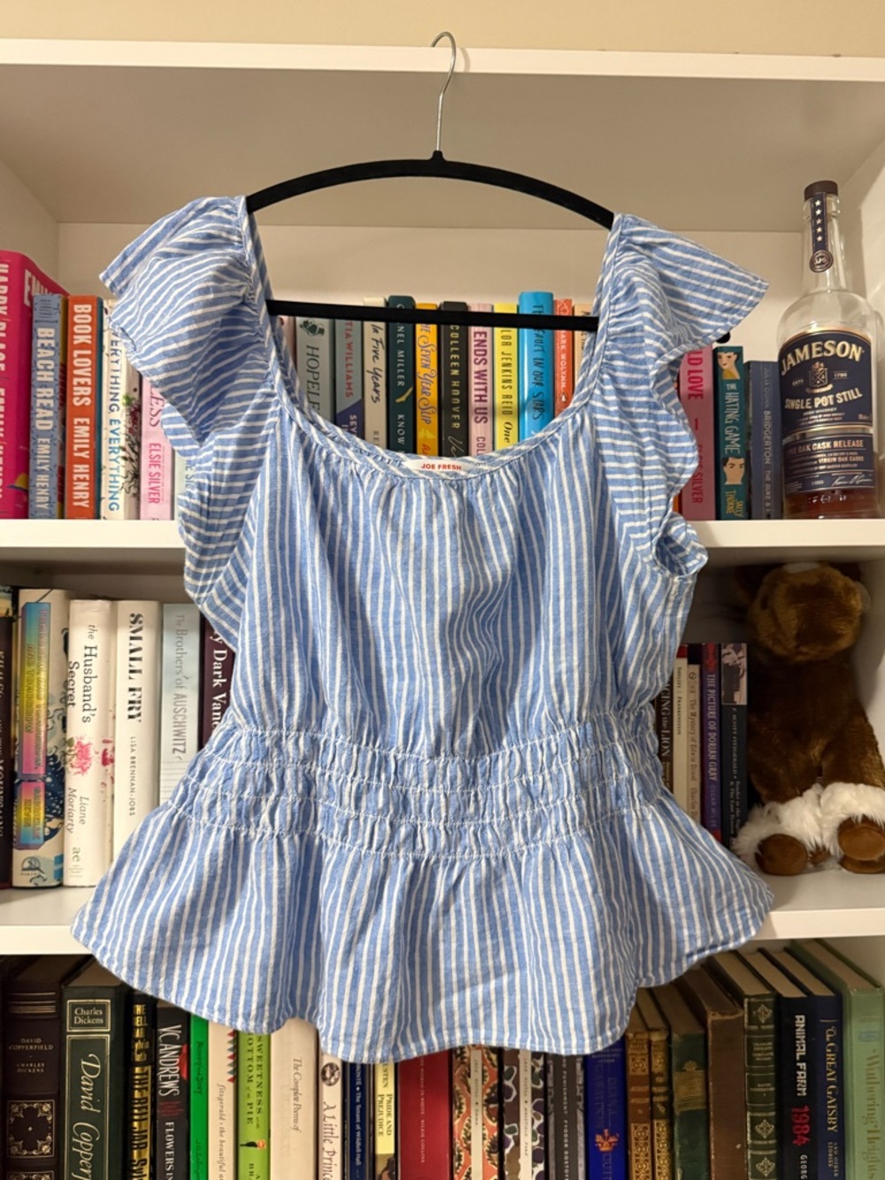 Joe Fresh Blue and White Striped Ruffle-Sleeve Peplum Top